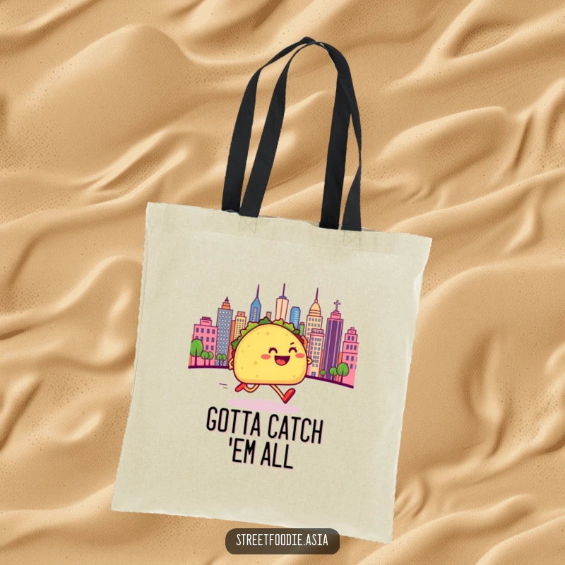 Funny tote bag with a happy taco character with legs running towards a lively cityscape, designed for practical and humorous use.